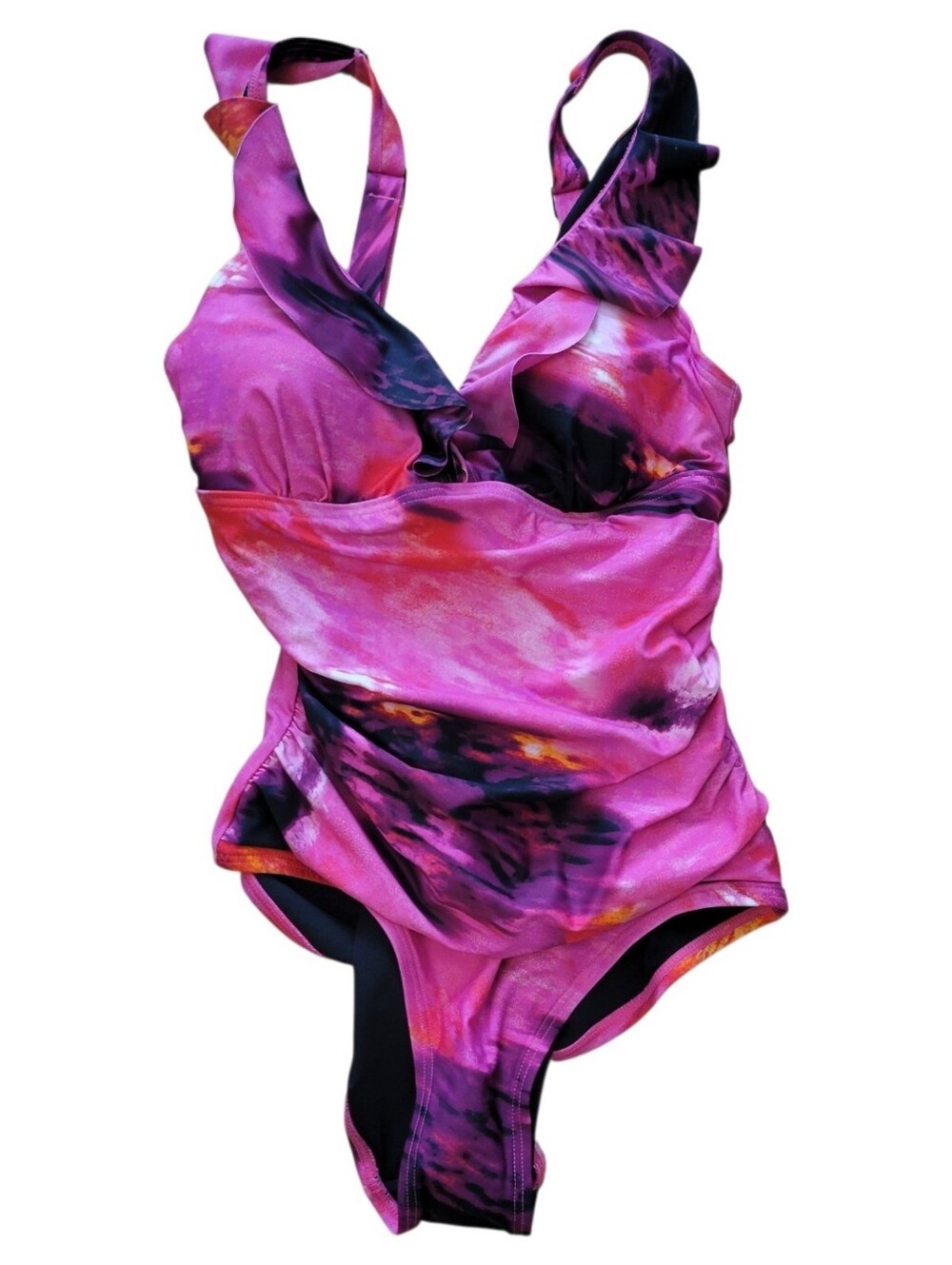 NWT DKNY Pink Watercolor Ruffle One Piece Swimsuit Size Small - Picture 3 of 5